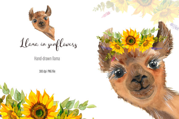 Discover Whimsical Charm with Watercolor Lama Sunflow Clipart